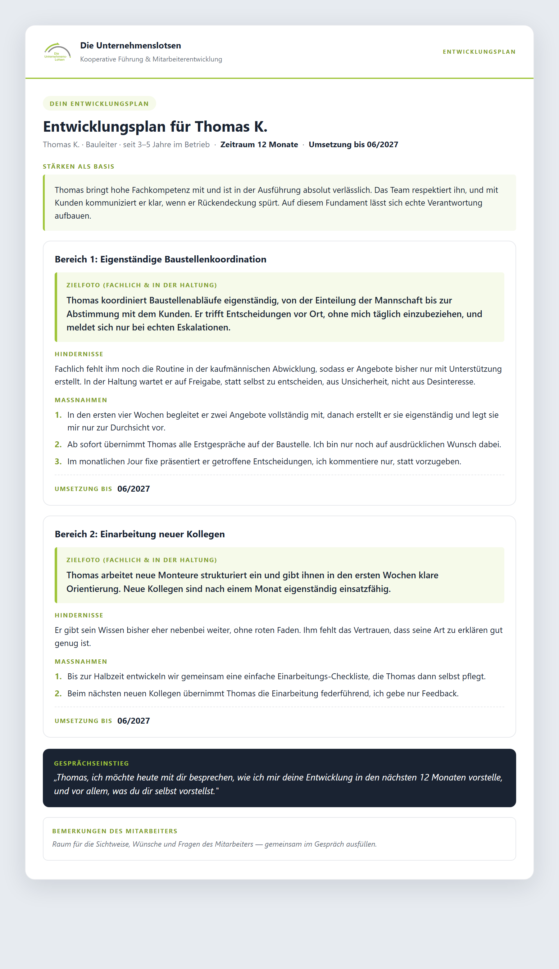 Beispiel eines fertigen Mitarbeiter-Entwicklungsplans für Thomas K., erstellt mit dem Generator